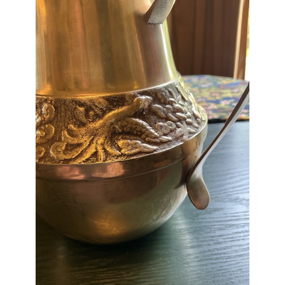 Vintage Brass Tea Coffee Pot Set with 2 Leaf Handle Cups Embossed Floral Pattern - Picture 15 of 16